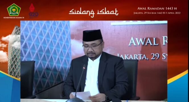 
 Foto: Menteri Agama (Menag) Yaqut Cholil Qoumas Saat Konfresni Pers Sidang Isbat Penetapan 1 Ramadan 1443 H (foto infosumsel)