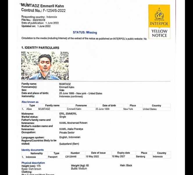 
 Breaking News: Interpol Telah Terbitkan Yellow Notice Cari Anak Ridwan Kamil